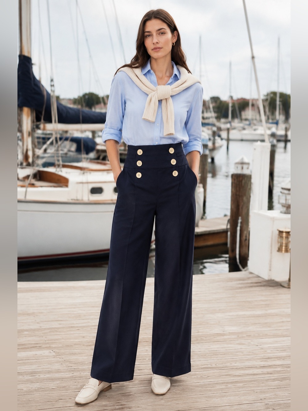 Ralph Lauren high waist Navy Sailor Pants Wide Leg Silk Cotton Blend Old Money 6 - Picture 6 of 10